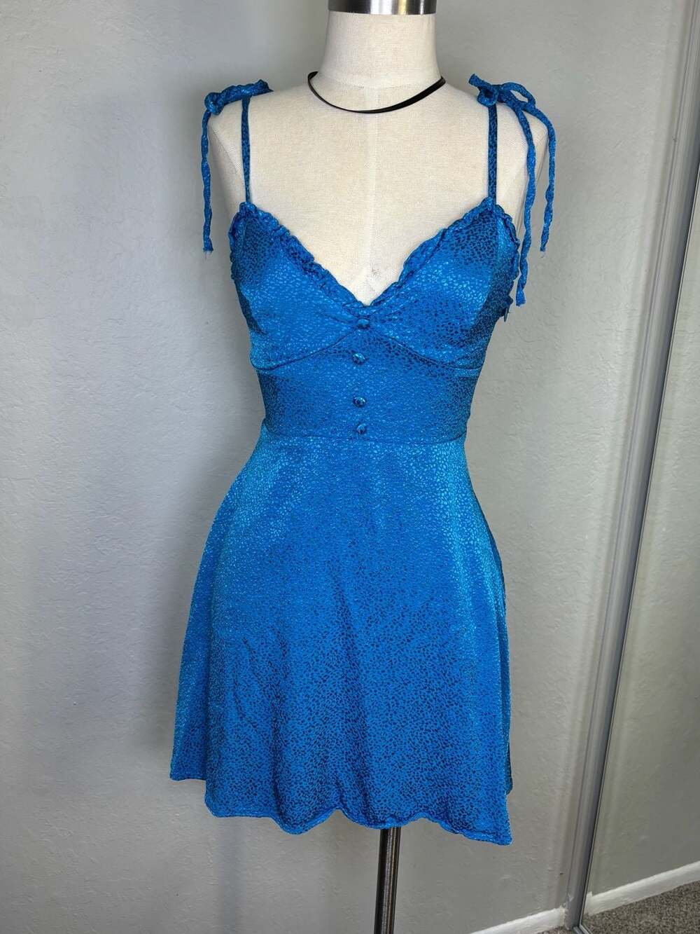 Zara Blue Satin Jacquard Tie Strap Mini Dress